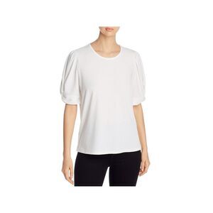 K & C Womens White Stretch Ribbed Twist Knot Puff Sleeve Jewel Neck Top M